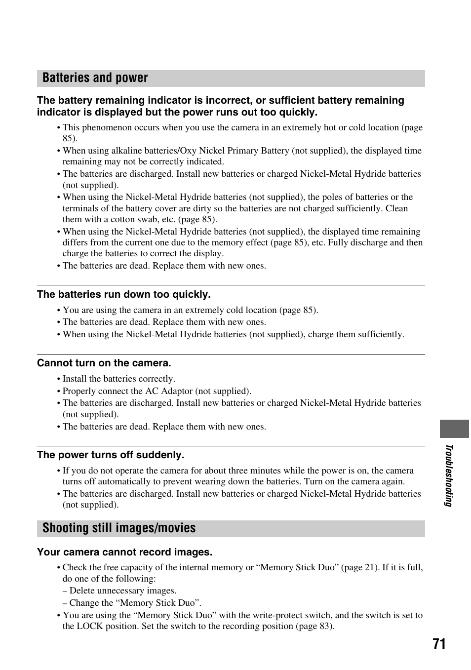 Batteries and power shooting still images/movies | Sony DSC-S45 User Manual | Page 71 / 91