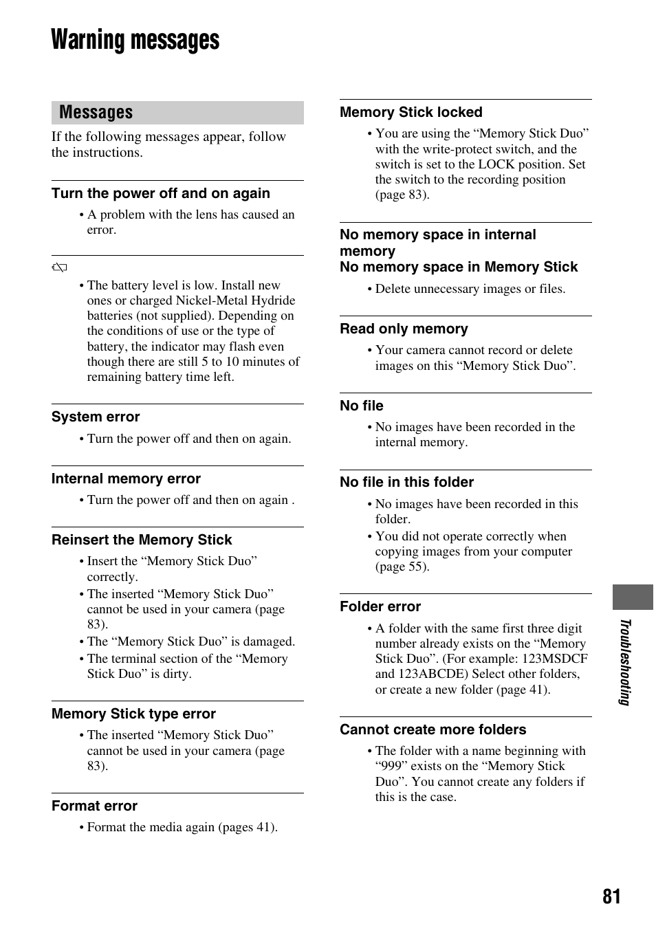 Warning messages, Messages | Sony DSC-S45 User Manual | Page 81 / 91