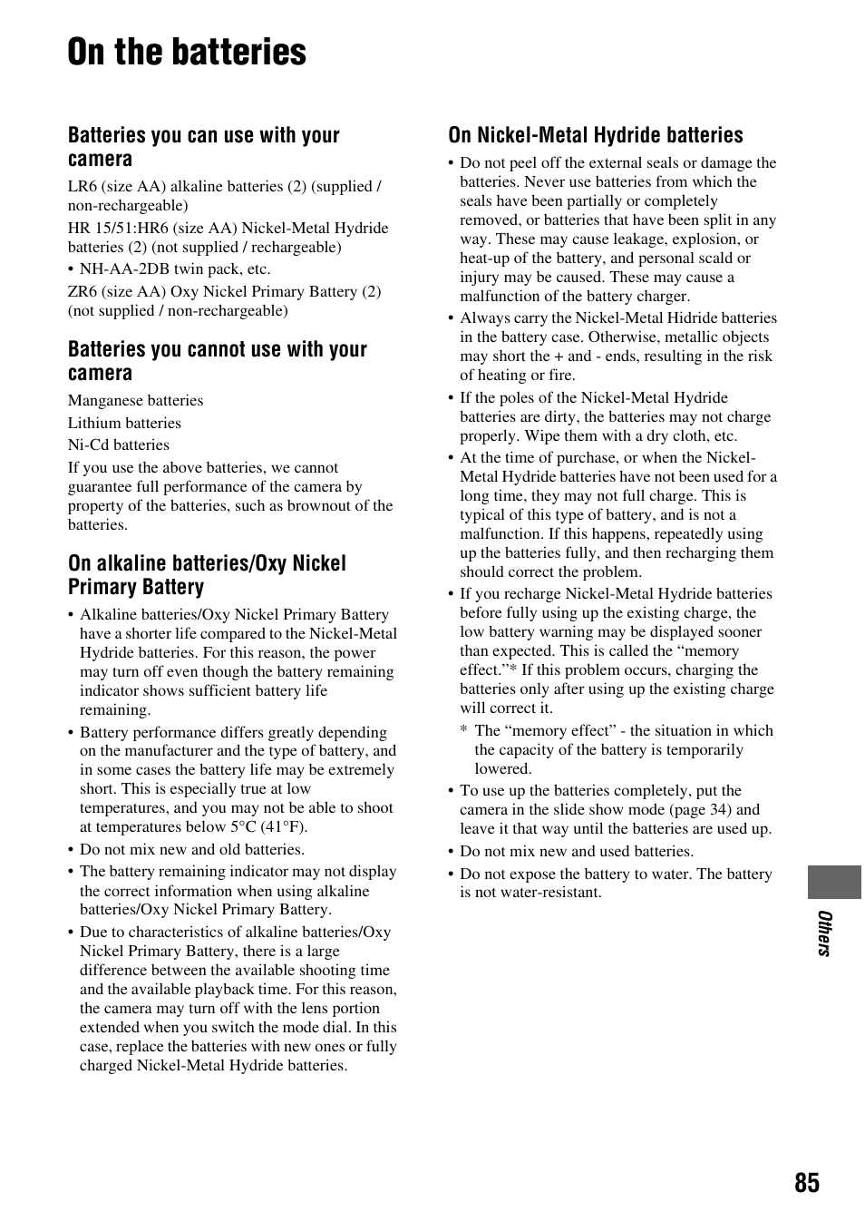 On the batteries, Batteries you can use with your camera, Batteries you cannot use with your camera | On alkaline batteries/oxy nickel primary battery, On nickel-metal hydride batteries | Sony DSC-S45 User Manual | Page 85 / 91