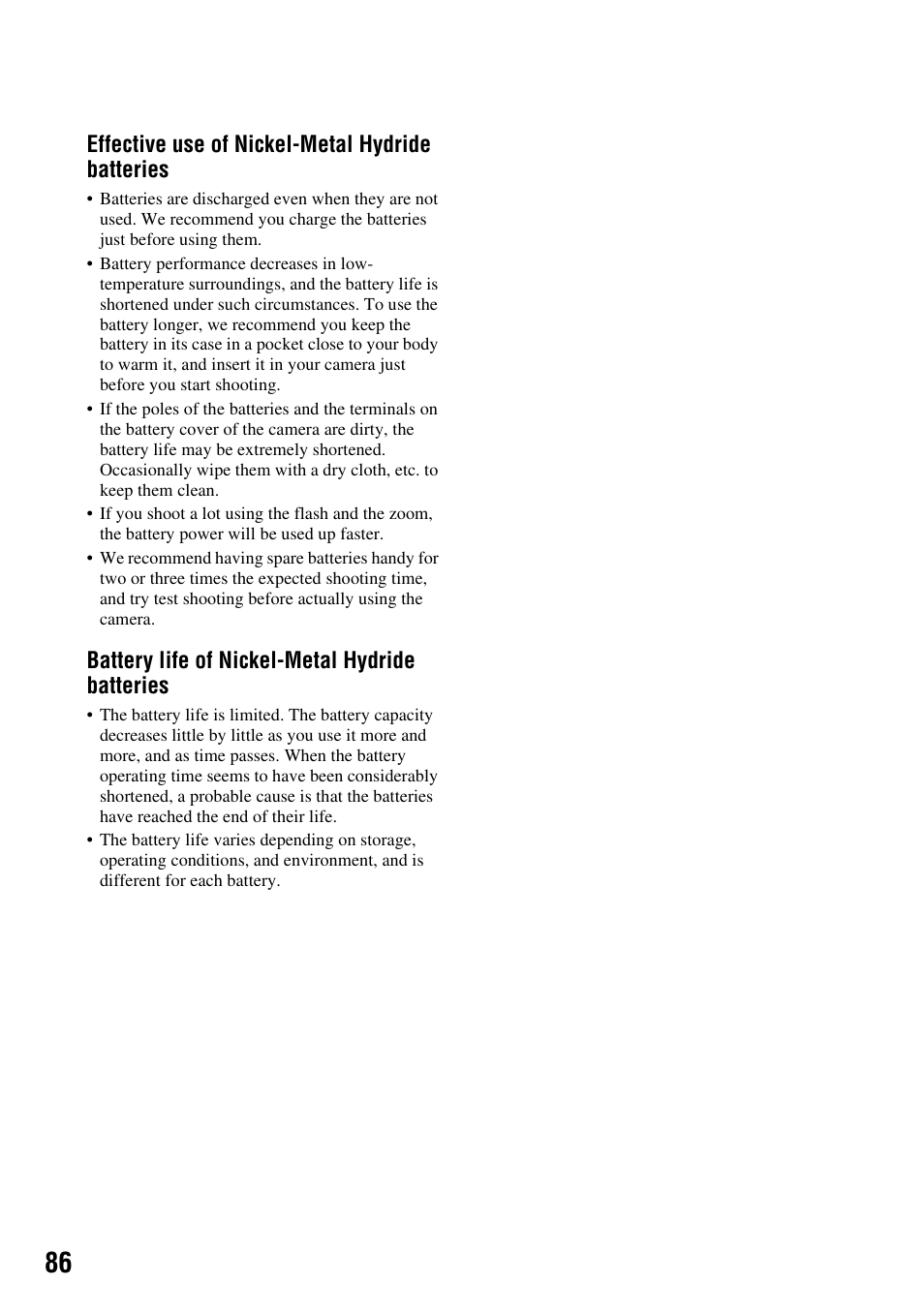 Effective use of nickel-metal hydride batteries, Battery life of nickel-metal hydride batteries | Sony DSC-S45 User Manual | Page 86 / 91