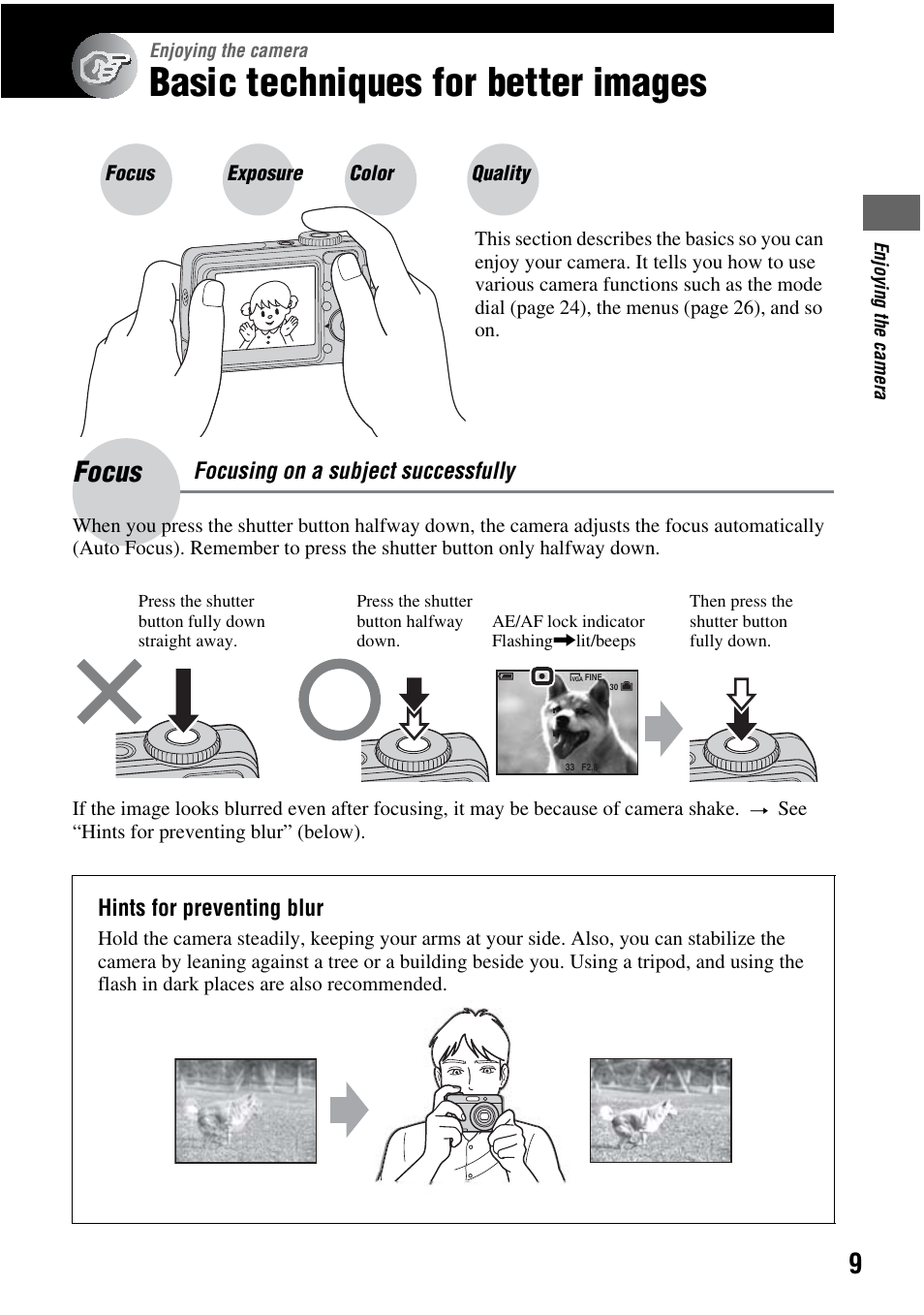 Basic techniques for better images, Focus, Focusing on a subject successfully | Hints for preventing blur | Sony DSC-S45 User Manual | Page 9 / 91