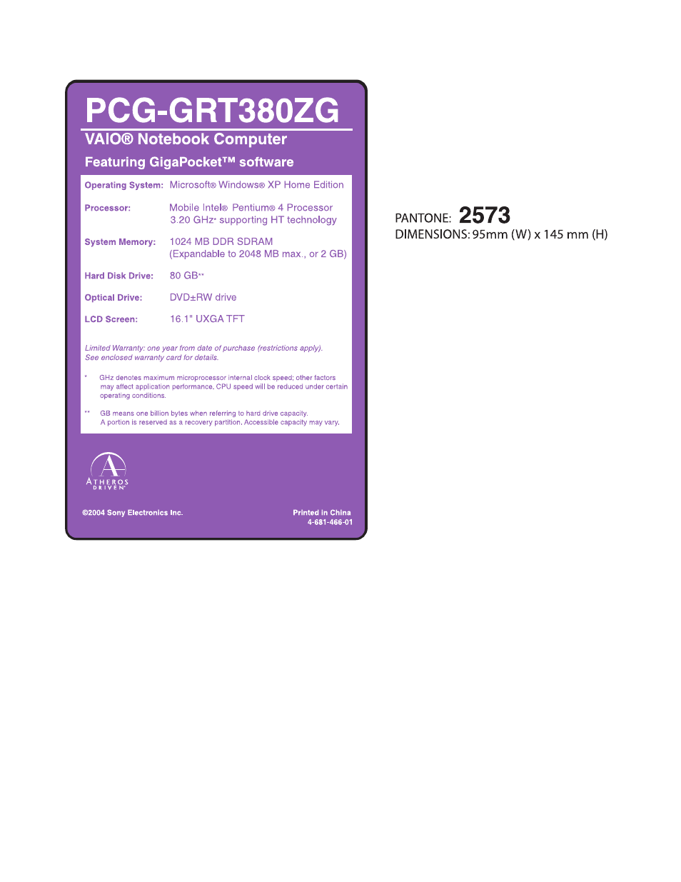 Sony PCG-GRT380ZG User Manual | 1 page