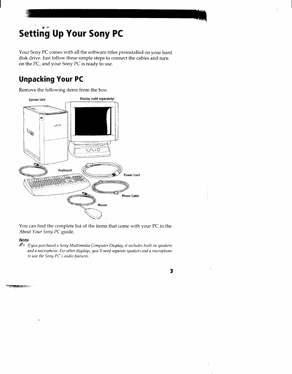 Setting up your sony pc, Unpacking your pc | Sony PCV-90 User Manual | Page 10 / 155