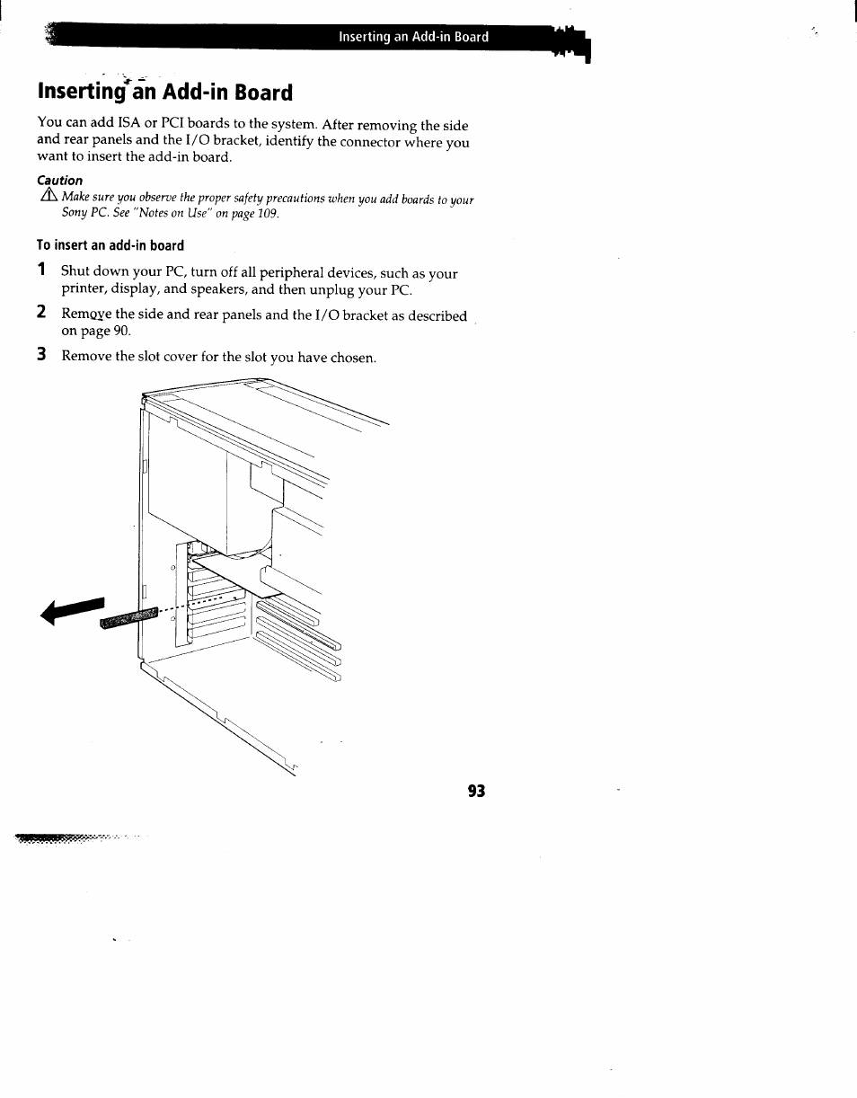 Inserting^an add-in board, To insert an add-in board, Inserting an add-in board | Sony PCV-90 User Manual | Page 100 / 155