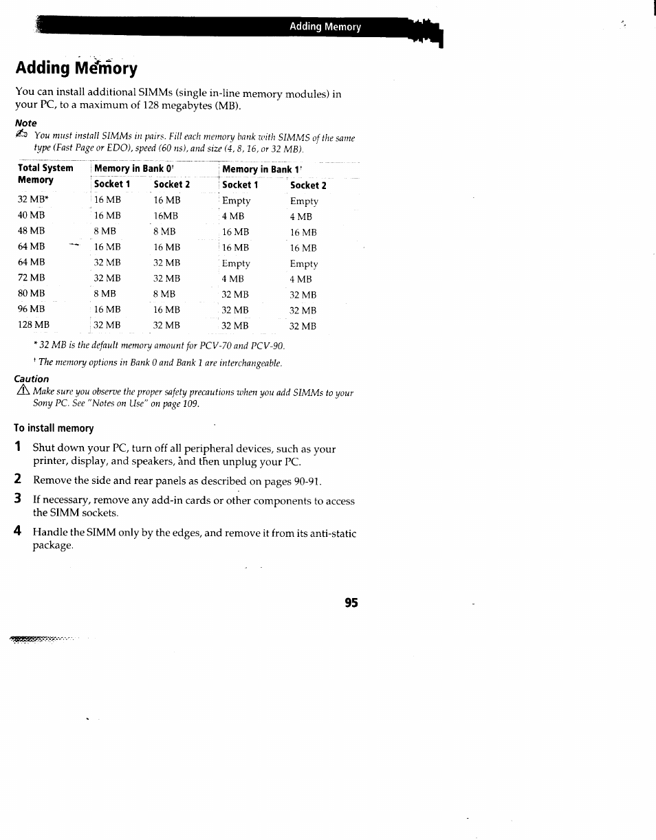 Adding m^ory, Adding memory | Sony PCV-90 User Manual | Page 102 / 155