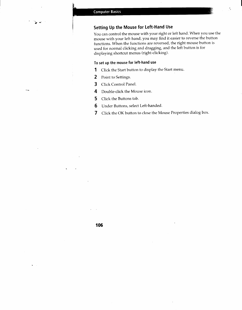 Setting up the mouse for left-hand use, To set up the mouse for left-hand use, Setting up the mouse for left-fiand use | Sony PCV-90 User Manual | Page 113 / 155