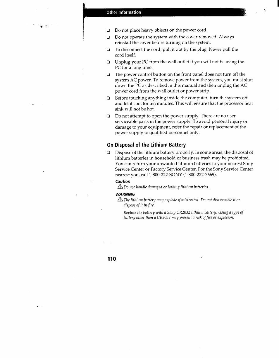 On disposal of the lithium battery | Sony PCV-90 User Manual | Page 117 / 155