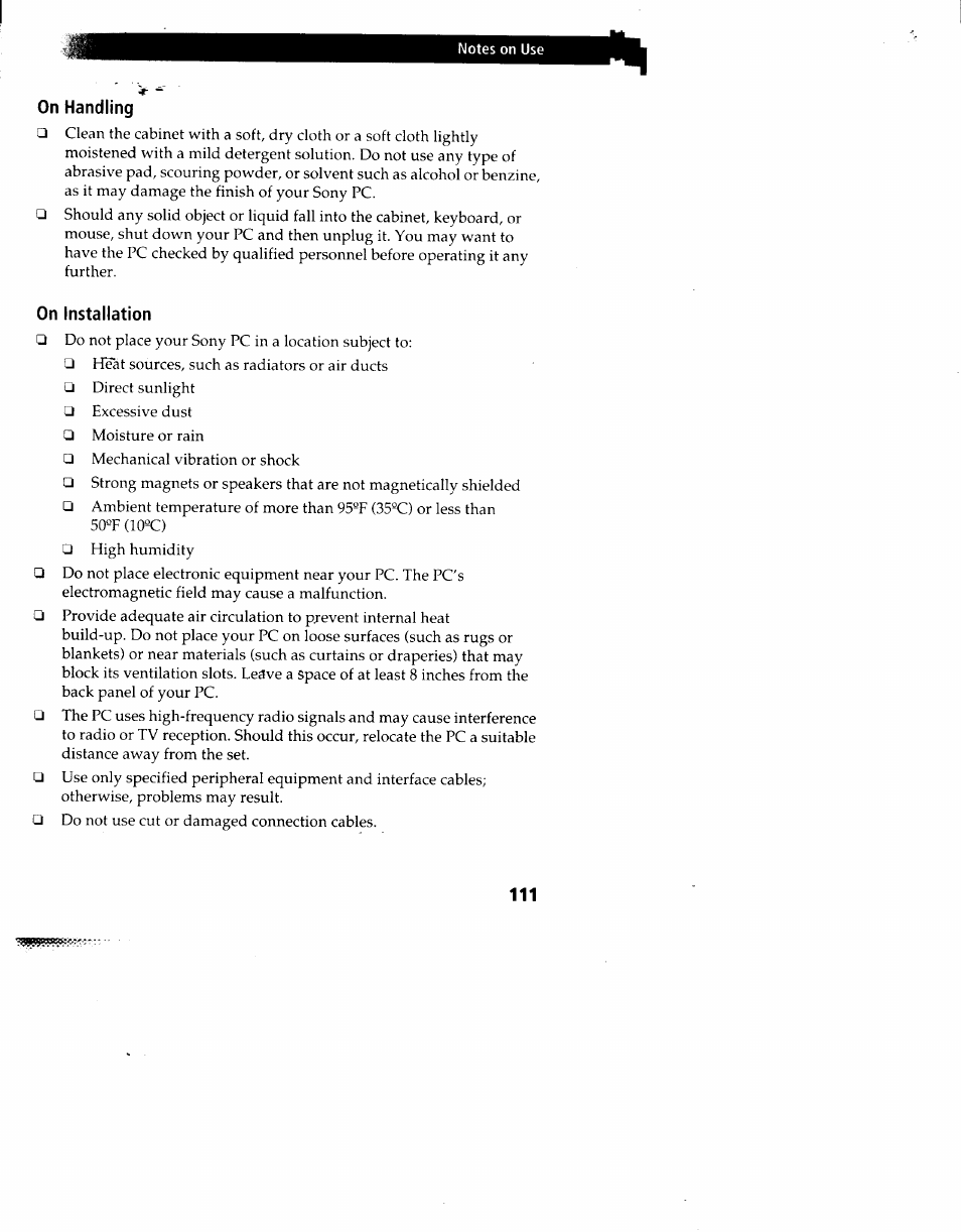 On handling, On installation | Sony PCV-90 User Manual | Page 118 / 155