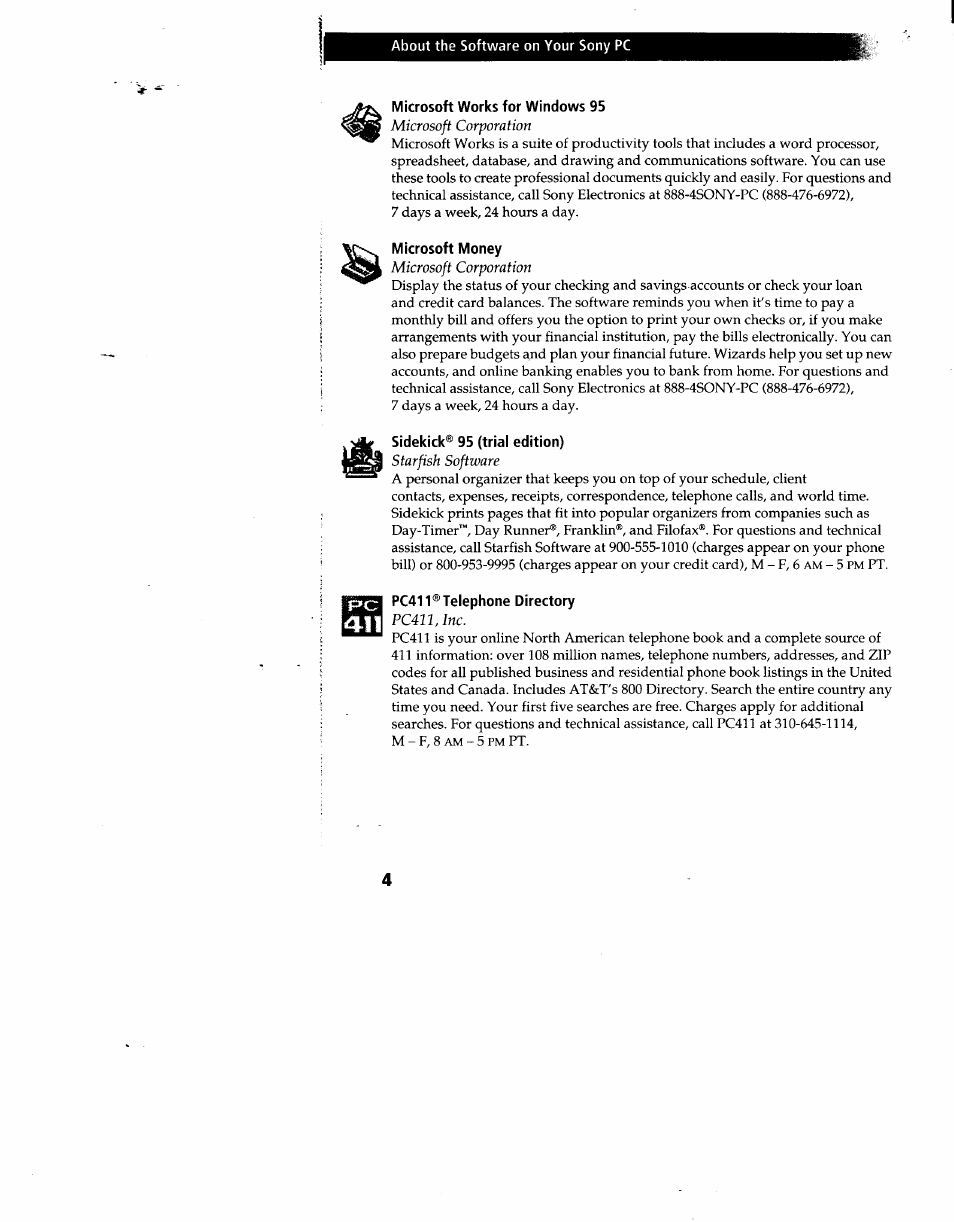 Microsoft works for windows 95, Microsoft money, Sidekick® 95 (trial edition) | Pc411® telephone directory | Sony PCV-90 User Manual | Page 141 / 155