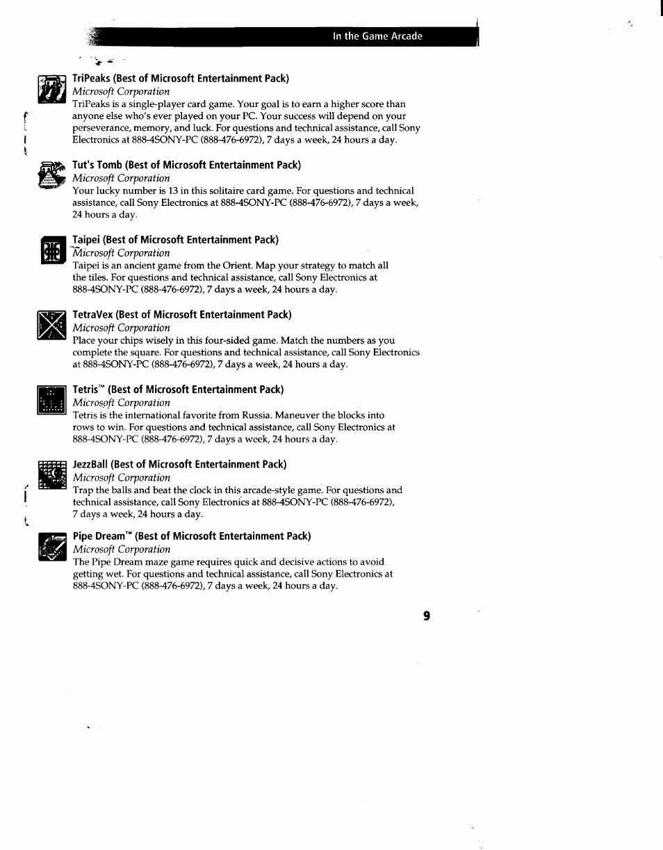 Tripeaks (best of microsoft entertainment pack), Tut's tomb (best of microsoft entertainment pack), Taipei (best of microsoft entertainment pack) | Tetravex (best of microsoft entertainment pack), Tetris™ (best of microsoft entertainment pack), Jezzball (best of microsoft entertainment pack), Pipe dream™ (best of microsoft entertainment pack) | Sony PCV-90 User Manual | Page 146 / 155