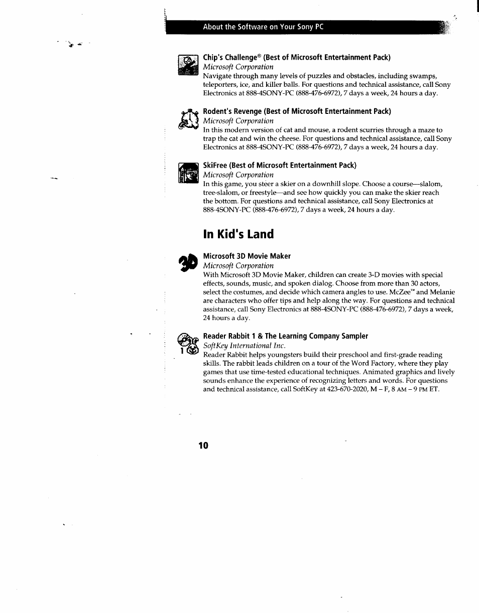 Skifree (best of microsoft entertainment pack), In kid's land, Microsoft 3d movie maker | Reader rabbit 1 & the learning company sampler | Sony PCV-90 User Manual | Page 147 / 155