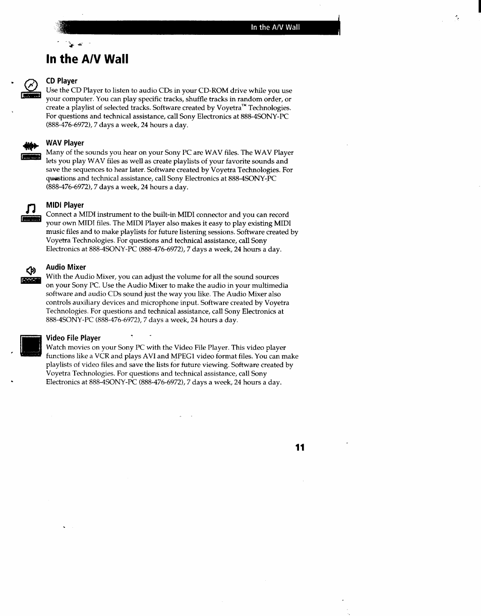 Inthea/v wall, In the a/v wall, Cd player | Wav player, Midi player, Audio mixer, Video file player | Sony PCV-90 User Manual | Page 148 / 155