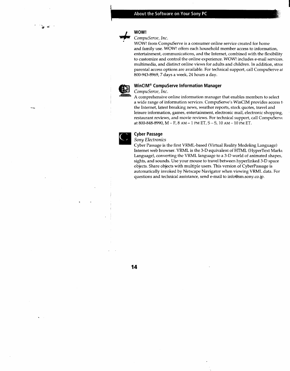 J wow, Wincim® compuserve information manager, Cyber passage | Sony PCV-90 User Manual | Page 151 / 155