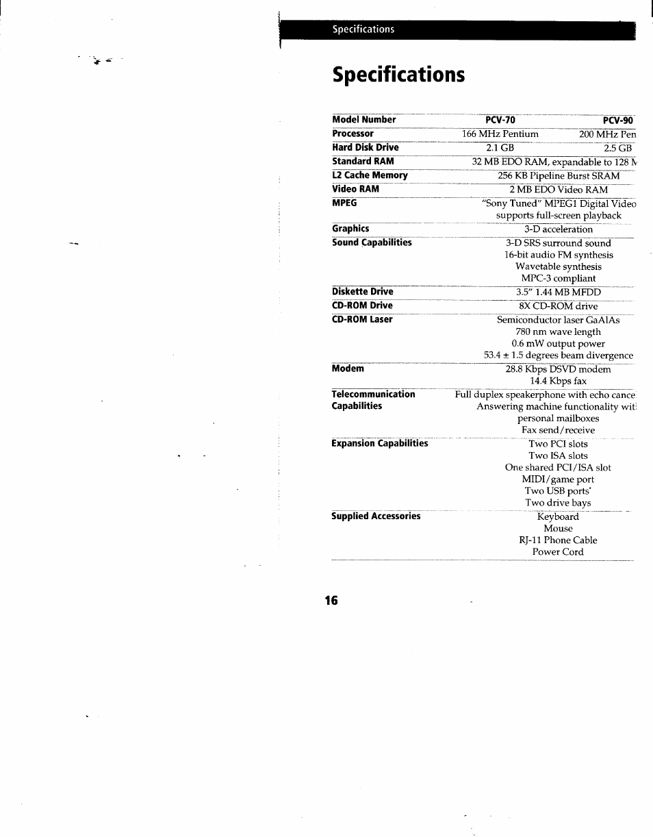 Specifications | Sony PCV-90 User Manual | Page 153 / 155