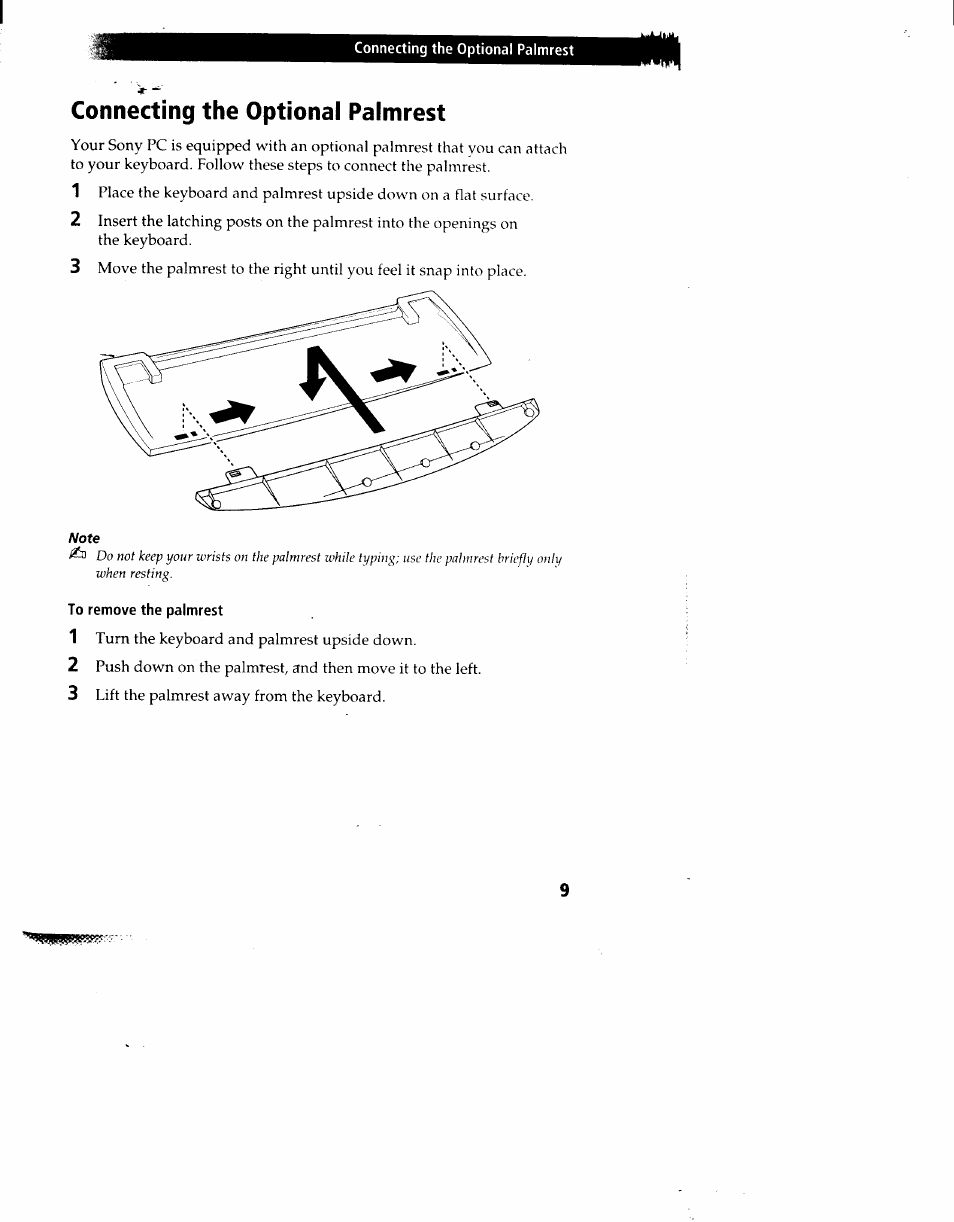 To remove the palmrest, Connecting the optional palmrest | Sony PCV-90 User Manual | Page 16 / 155