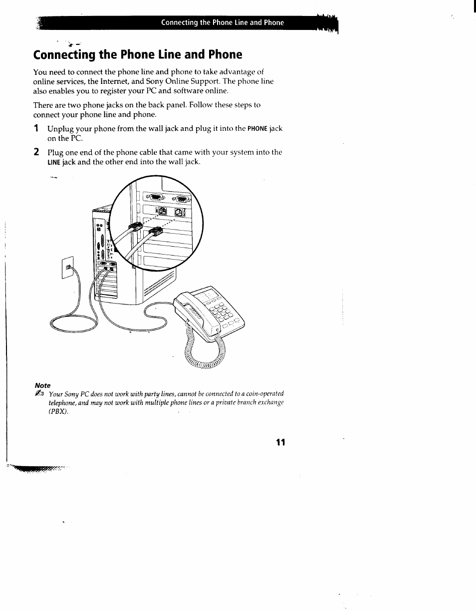 Connecting the phone line and phone | Sony PCV-90 User Manual | Page 18 / 155