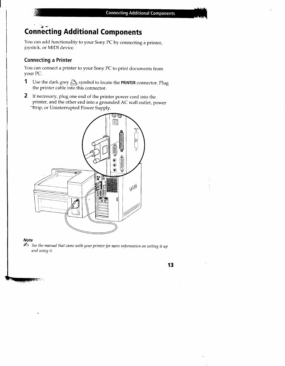 Connecting additional components, Connecting a printer | Sony PCV-90 User Manual | Page 20 / 155