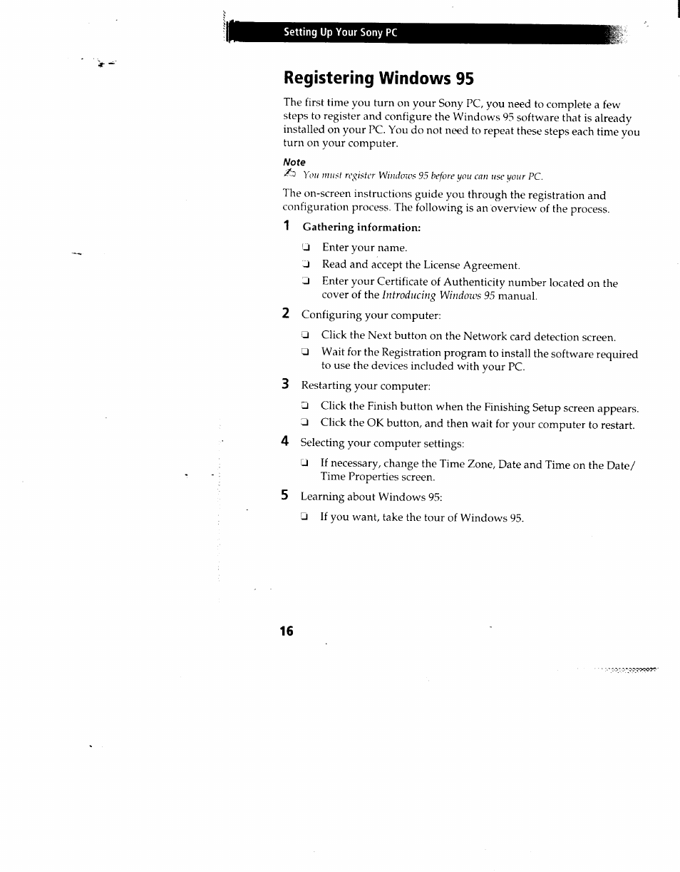 Registering windows 95 | Sony PCV-90 User Manual | Page 23 / 155