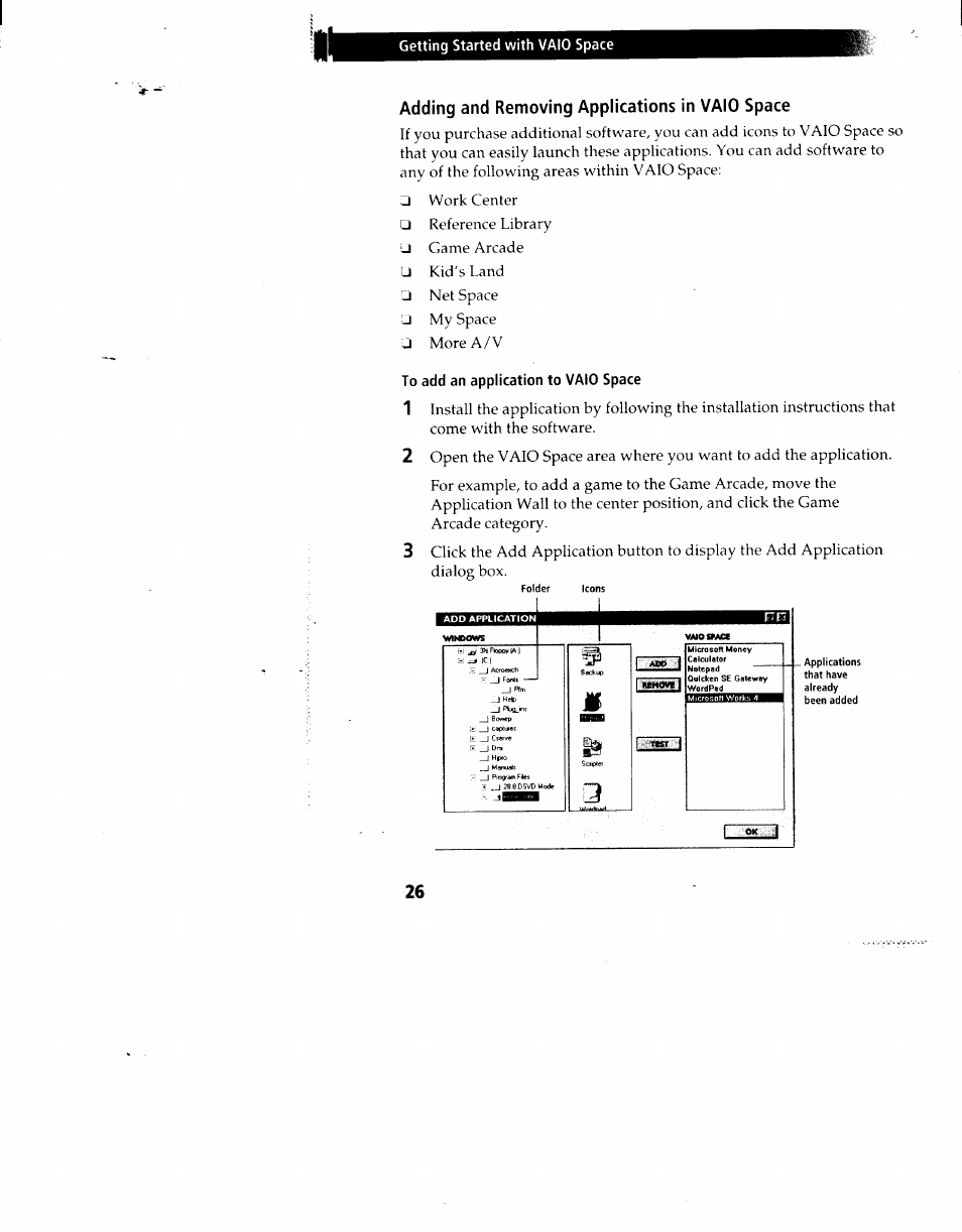 Adding and removing applications in vaio space, To add an application to vaio space, Getting started with vaio space | Sony PCV-90 User Manual | Page 33 / 155