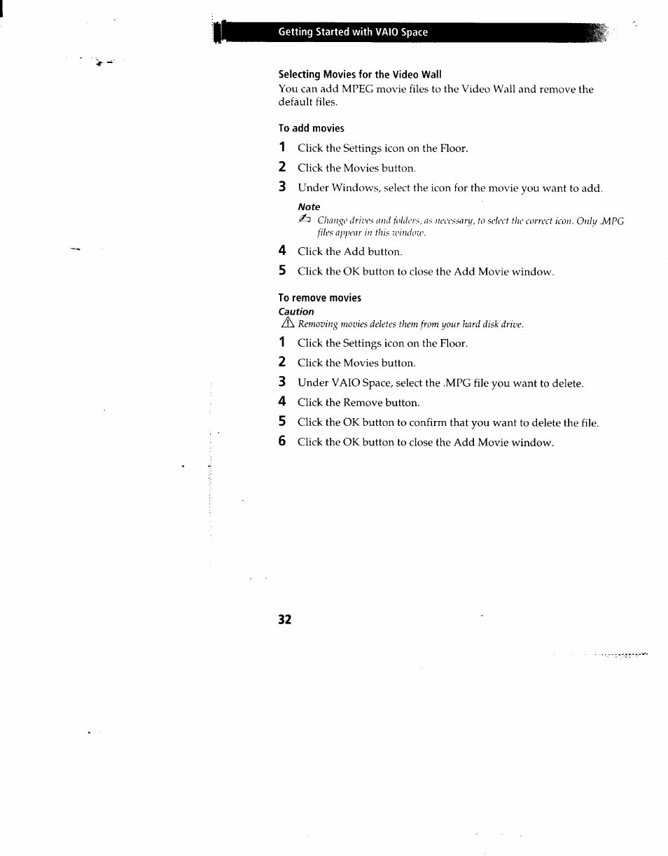 Selecting movies for the video wall, To add movies, To remove movies caution | Sony PCV-90 User Manual | Page 39 / 155