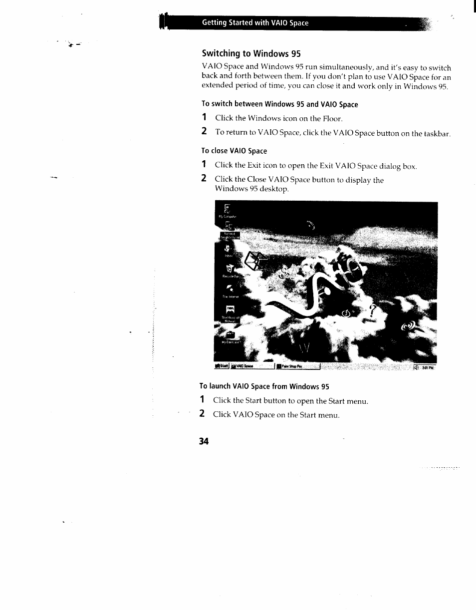 Switching to windows 95, To switch between windows 95 and vaio space, To launch vaio space from windows 95 | Sony PCV-90 User Manual | Page 41 / 155