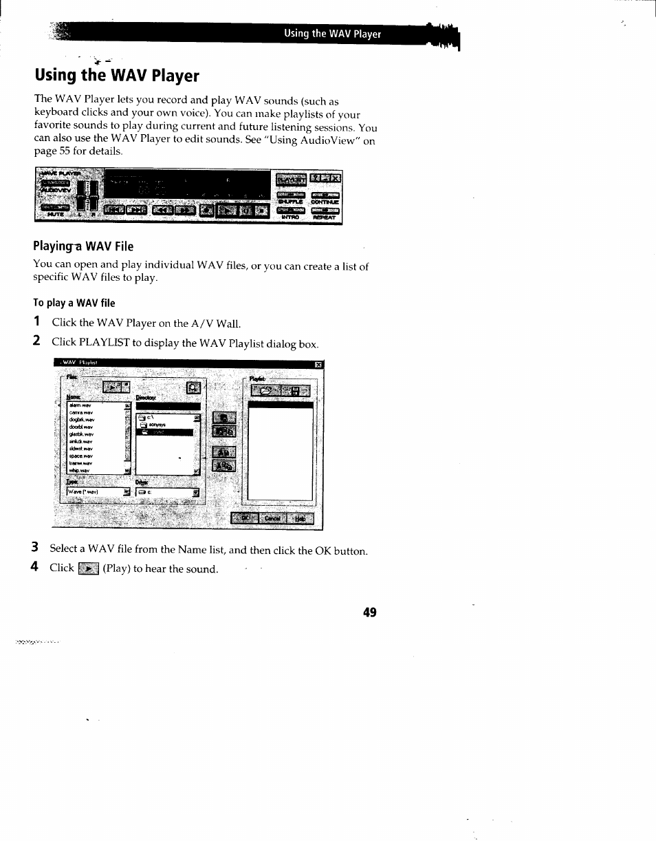 Using the wav player, Playings wav file, To play a wav file | Playing a wav file | Sony PCV-90 User Manual | Page 56 / 155
