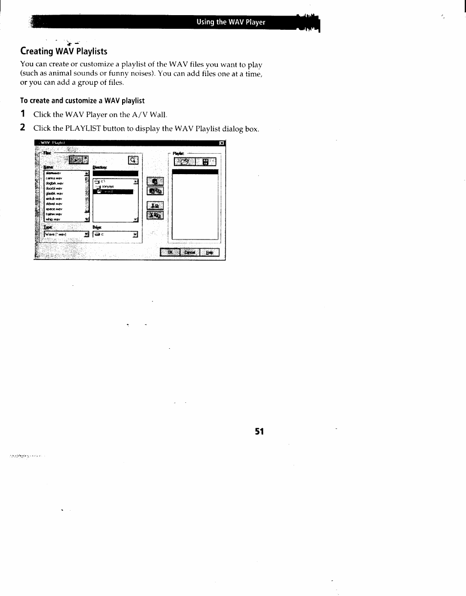 Creating wav playlists, To create and customize a wav playlist, E] i ; l ^ ^ i h | Sony PCV-90 User Manual | Page 58 / 155