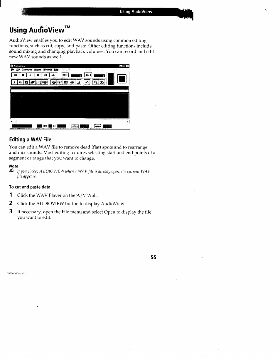 Using auciioview, Editing a wav file, To cut and paste data | Using audioview | Sony PCV-90 User Manual | Page 62 / 155