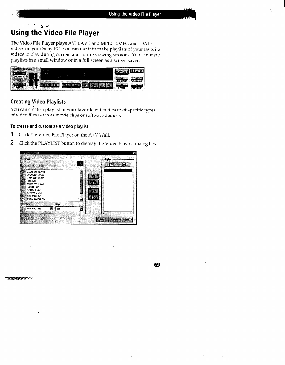 Using the video file player, Creating video playlists, To create and customize a video playlist | Sony PCV-90 User Manual | Page 76 / 155