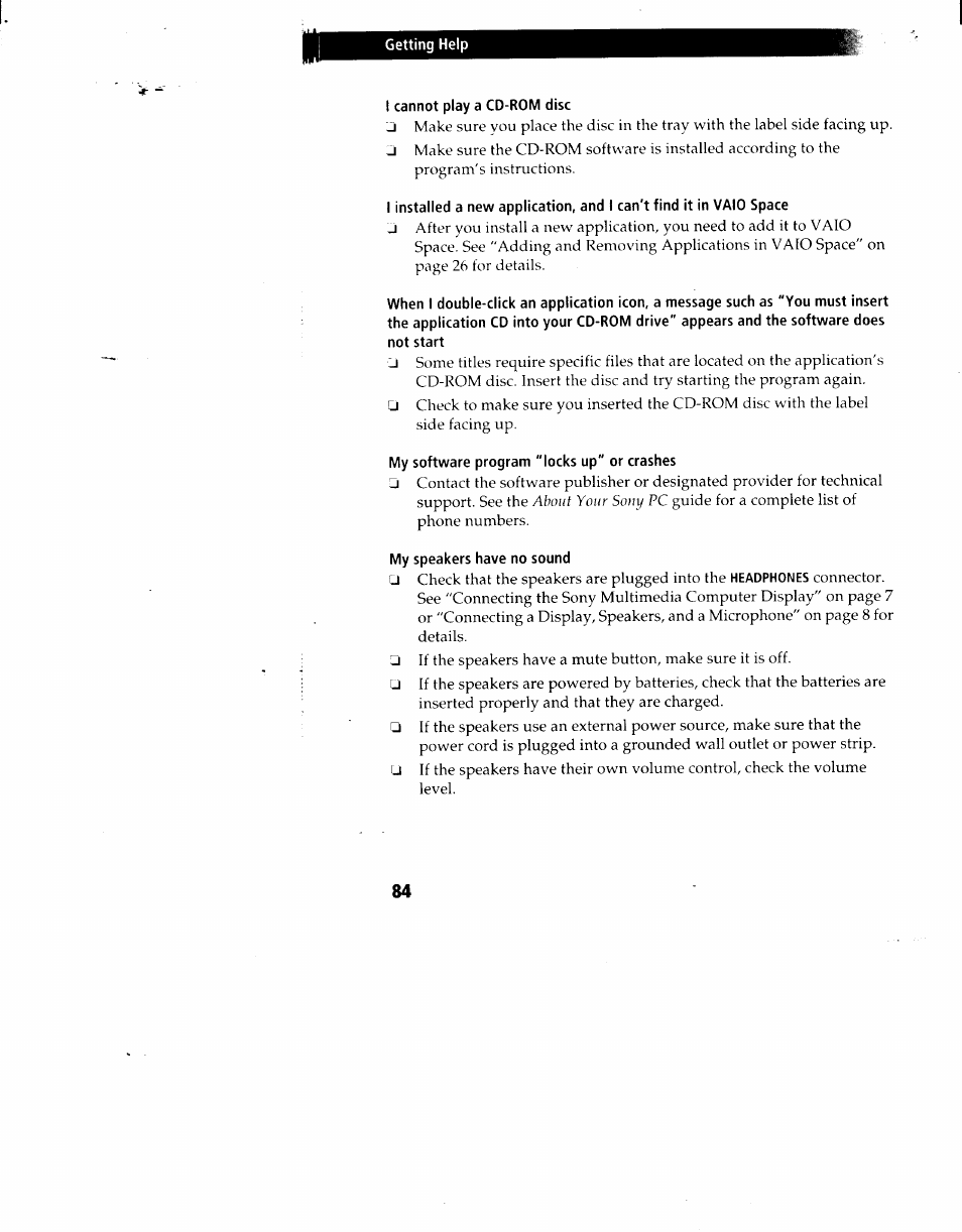 I cannot play a cd-rom disc, Not start, My software program "locks up" or crashes | My speakers have no sound | Sony PCV-90 User Manual | Page 91 / 155