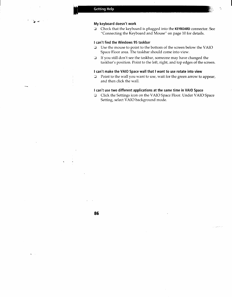 My keyboard doesn't work, I can't find the windows 95 taskbar | Sony PCV-90 User Manual | Page 93 / 155