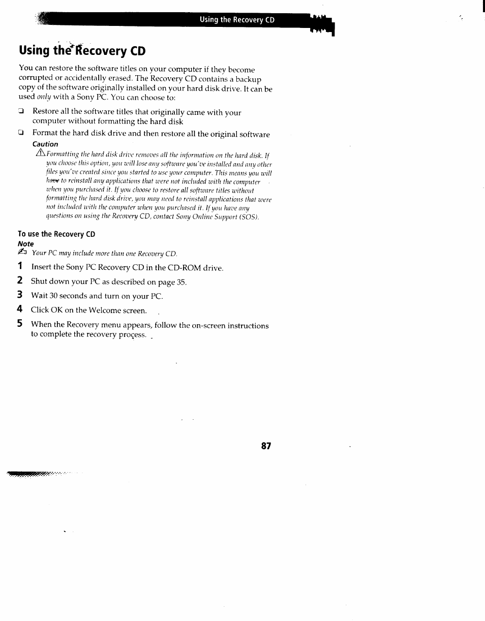 Using the^recovery cd, To use the recovery cd note, Using the recovery cd | Sony PCV-90 User Manual | Page 94 / 155