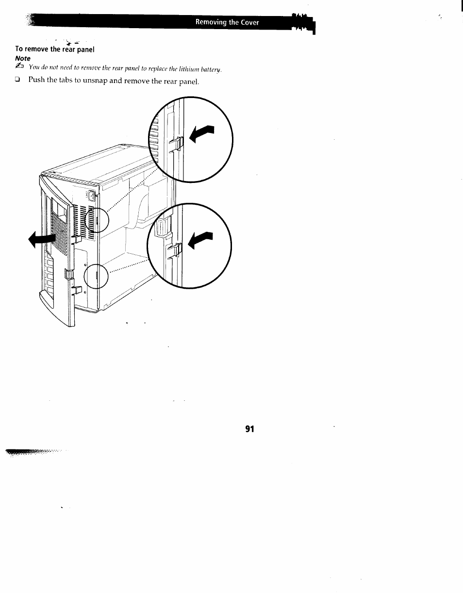 To remove the rear panel note | Sony PCV-90 User Manual | Page 98 / 155