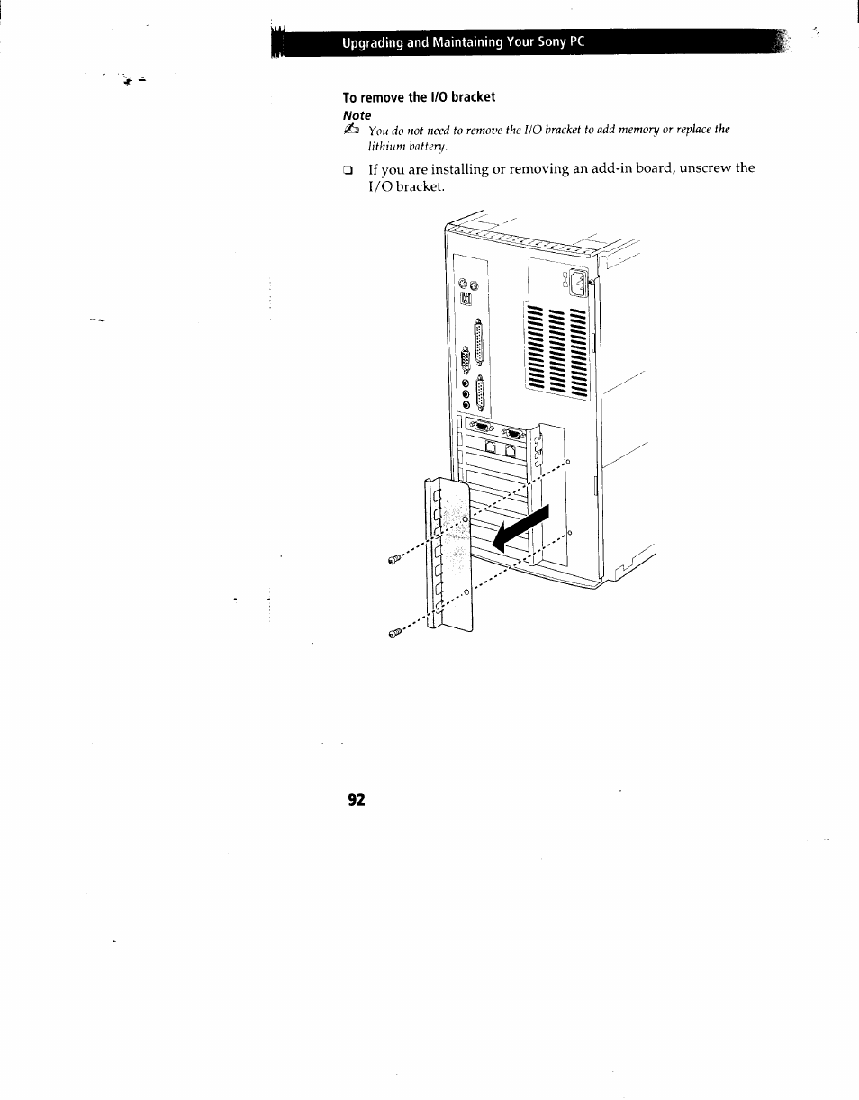 To remove the i/o bracket note | Sony PCV-90 User Manual | Page 99 / 155