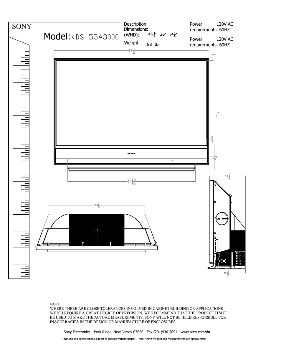 Sony KDS-55A3000 User Manual | 1 page