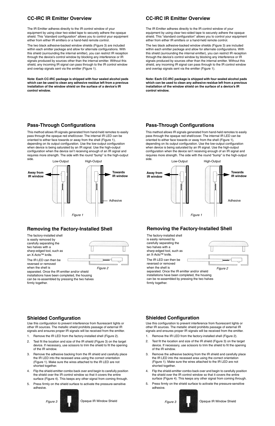 Pass-through configurations, Cc-irc ir emitter overview, Removing the factory-installed shell | Shielded configuration | AMX Infrared Emitter CC-IRC User Manual | Page 2 / 8