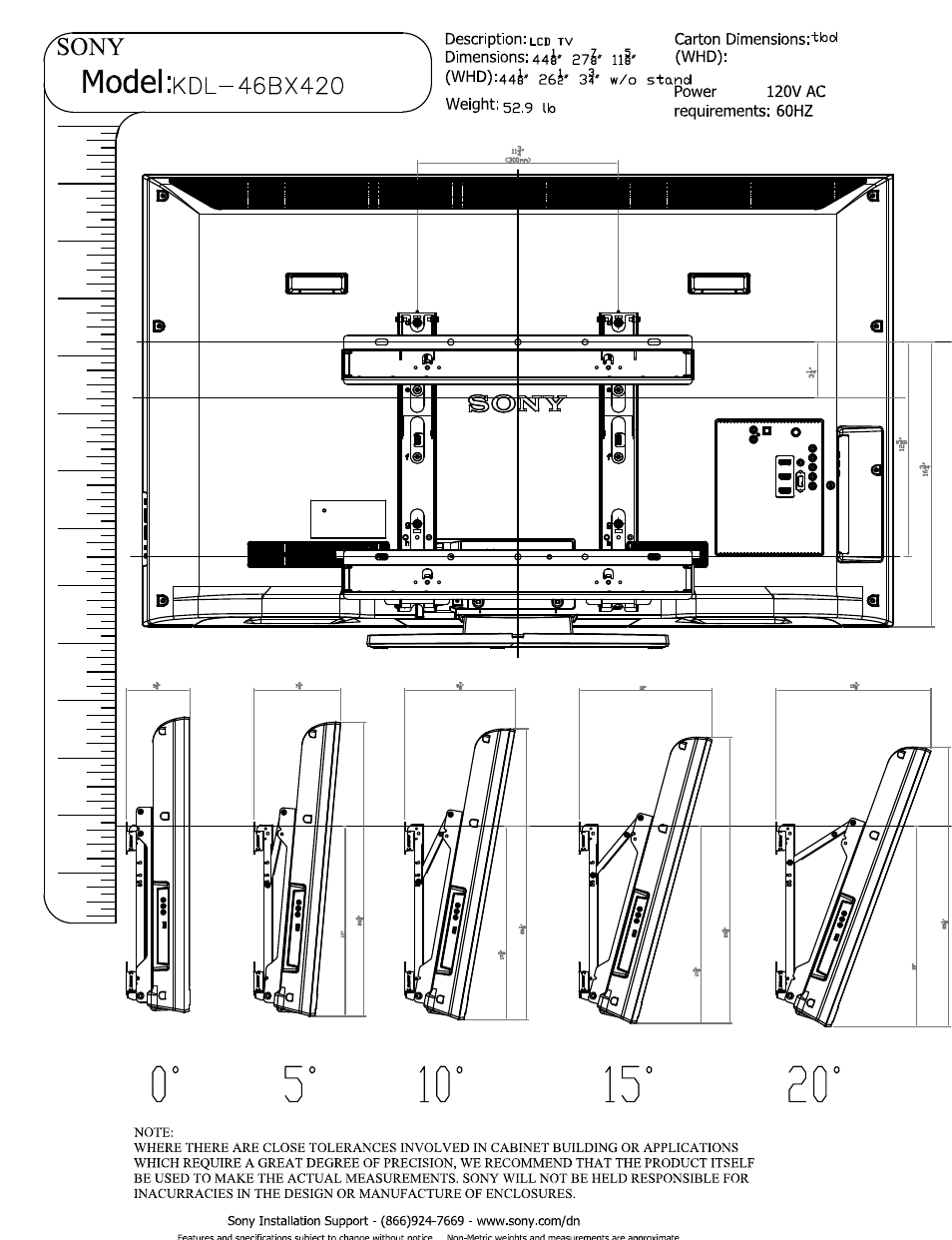 Carton dimensions, Power, Weight: 52,9 ib | Model | Sony KDL-46BX420 User Manual | Page 3 / 3