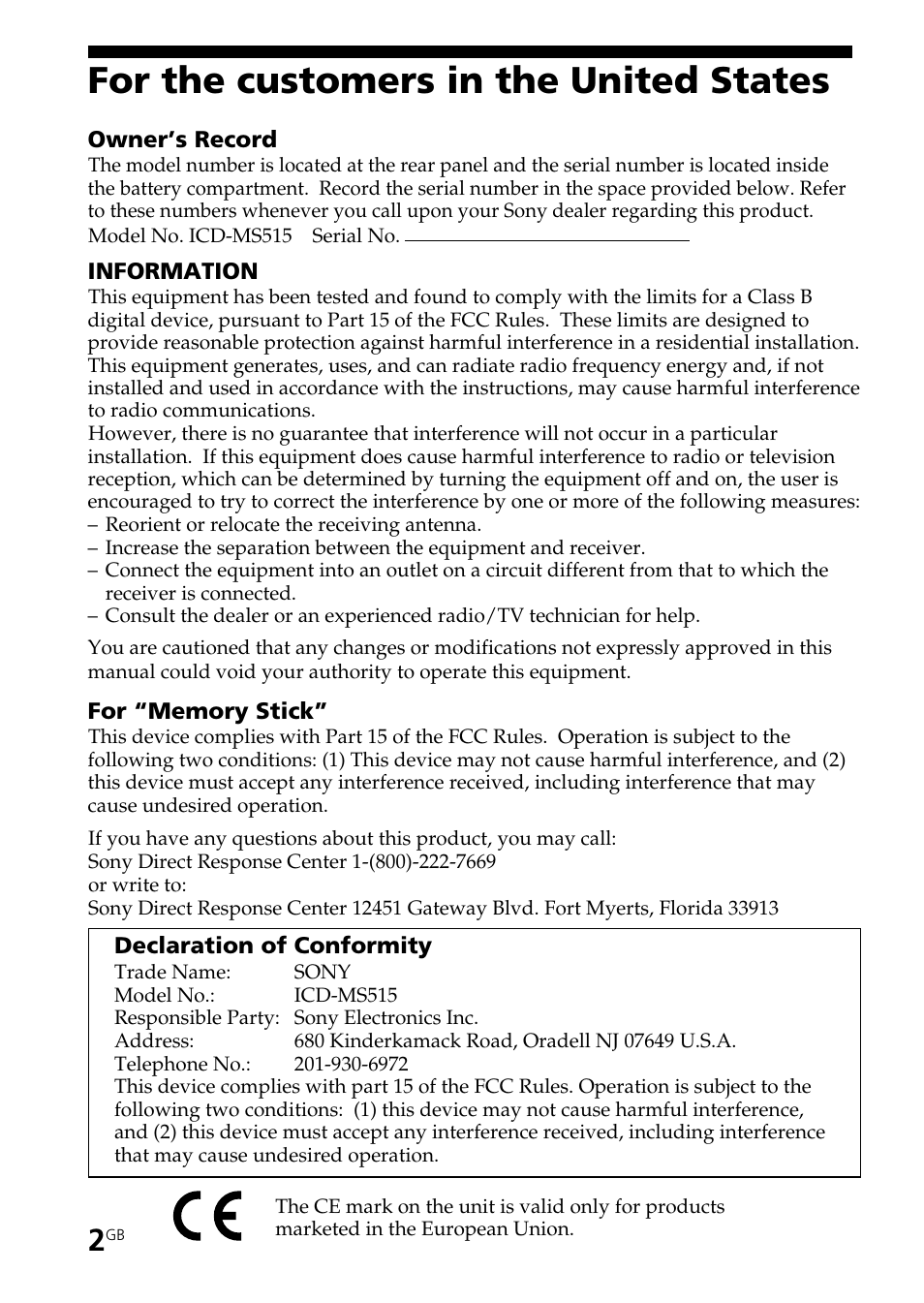 For the customers in the united states | Sony ICD-MS515VTP User Manual | Page 2 / 96