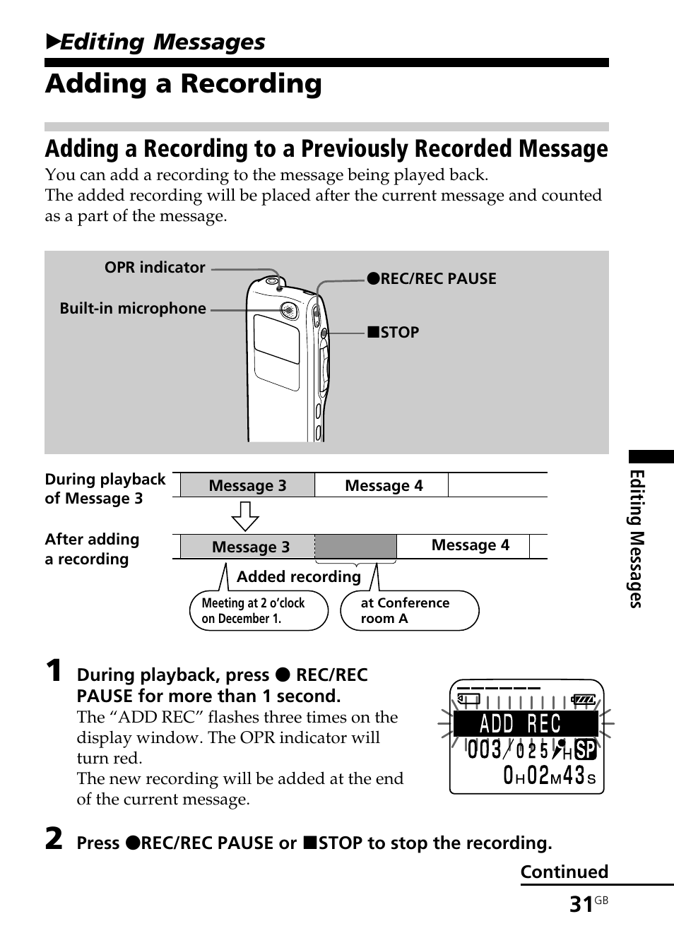 Editing messages, Adding a recording, Bediting messages | Sony ICD-MS515VTP User Manual | Page 31 / 96