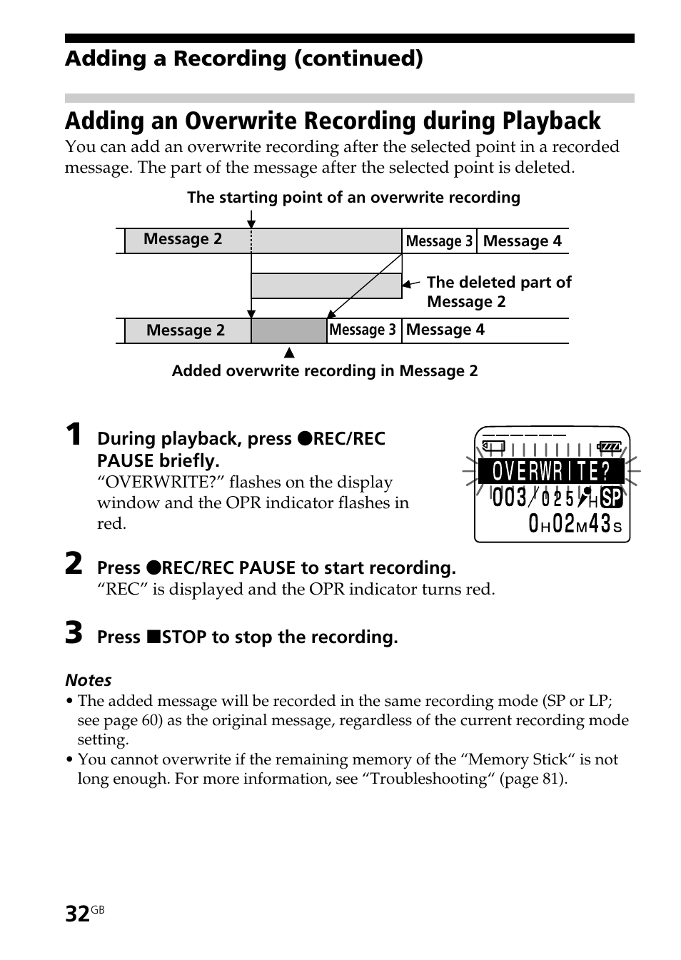 Adding an overwrite recording during playback | Sony ICD-MS515VTP User Manual | Page 32 / 96