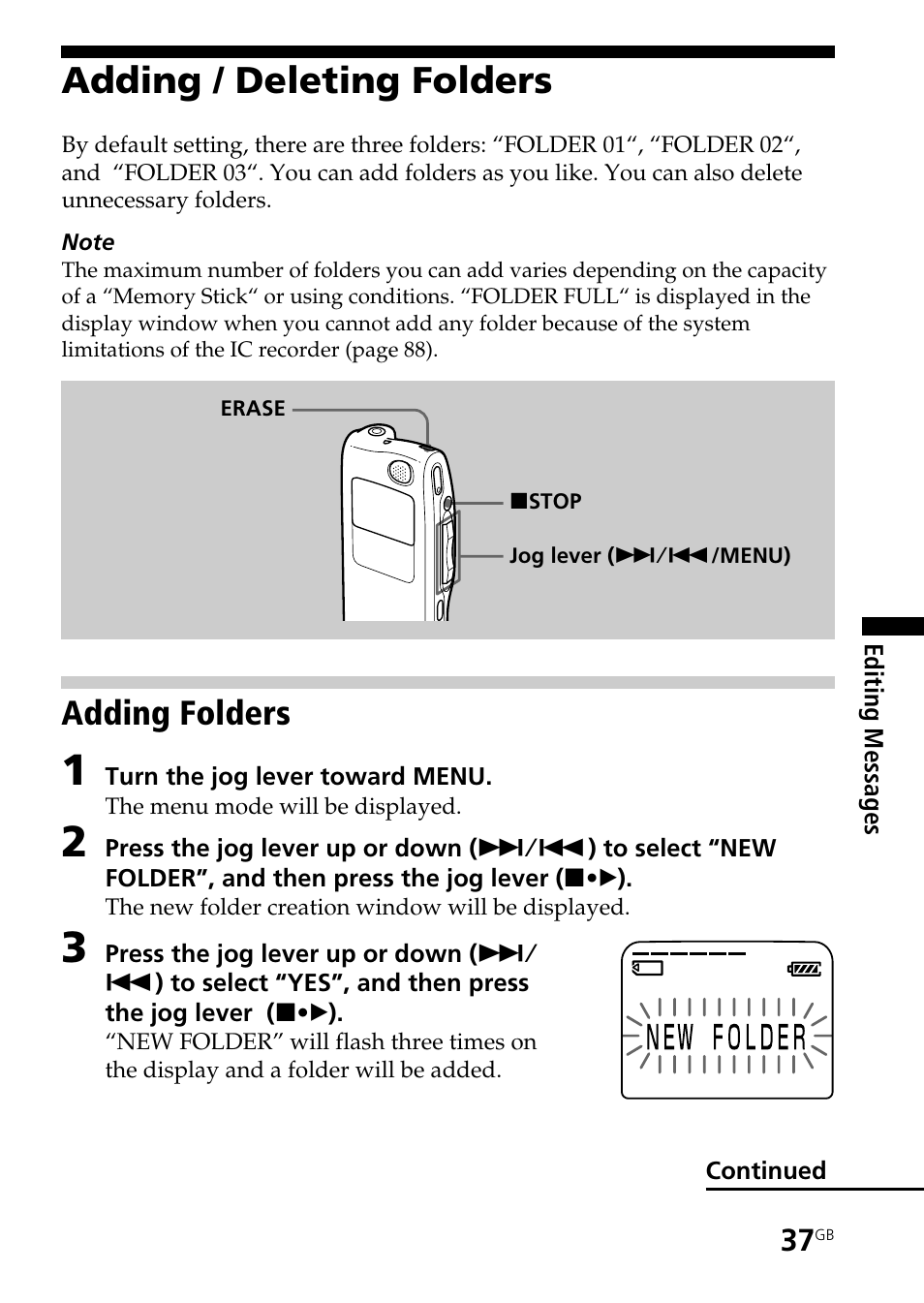 Adding / deleting folders, Adding folders | Sony ICD-MS515VTP User Manual | Page 37 / 96