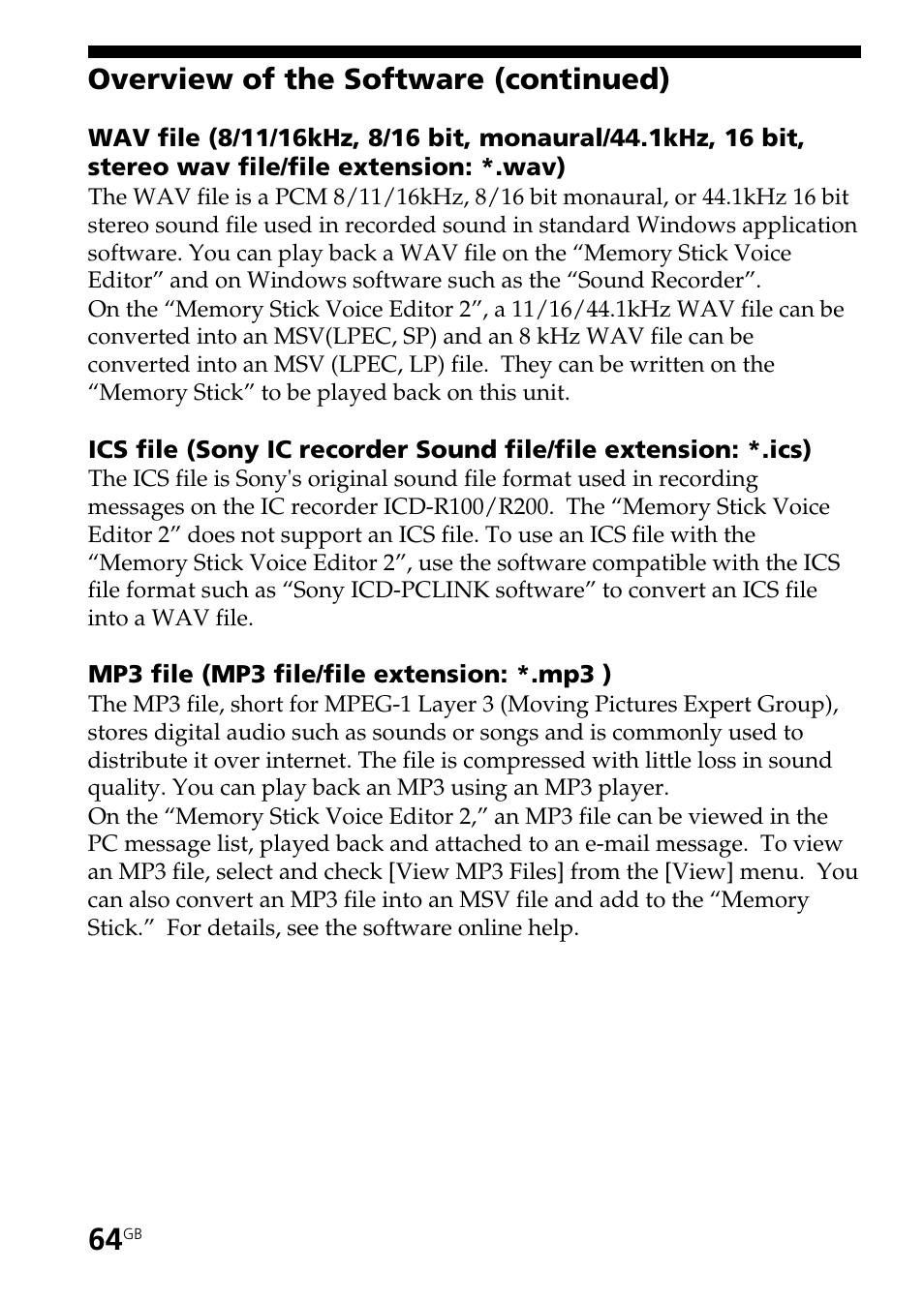 Overview of the software (continued) | Sony ICD-MS515VTP User Manual | Page 64 / 96