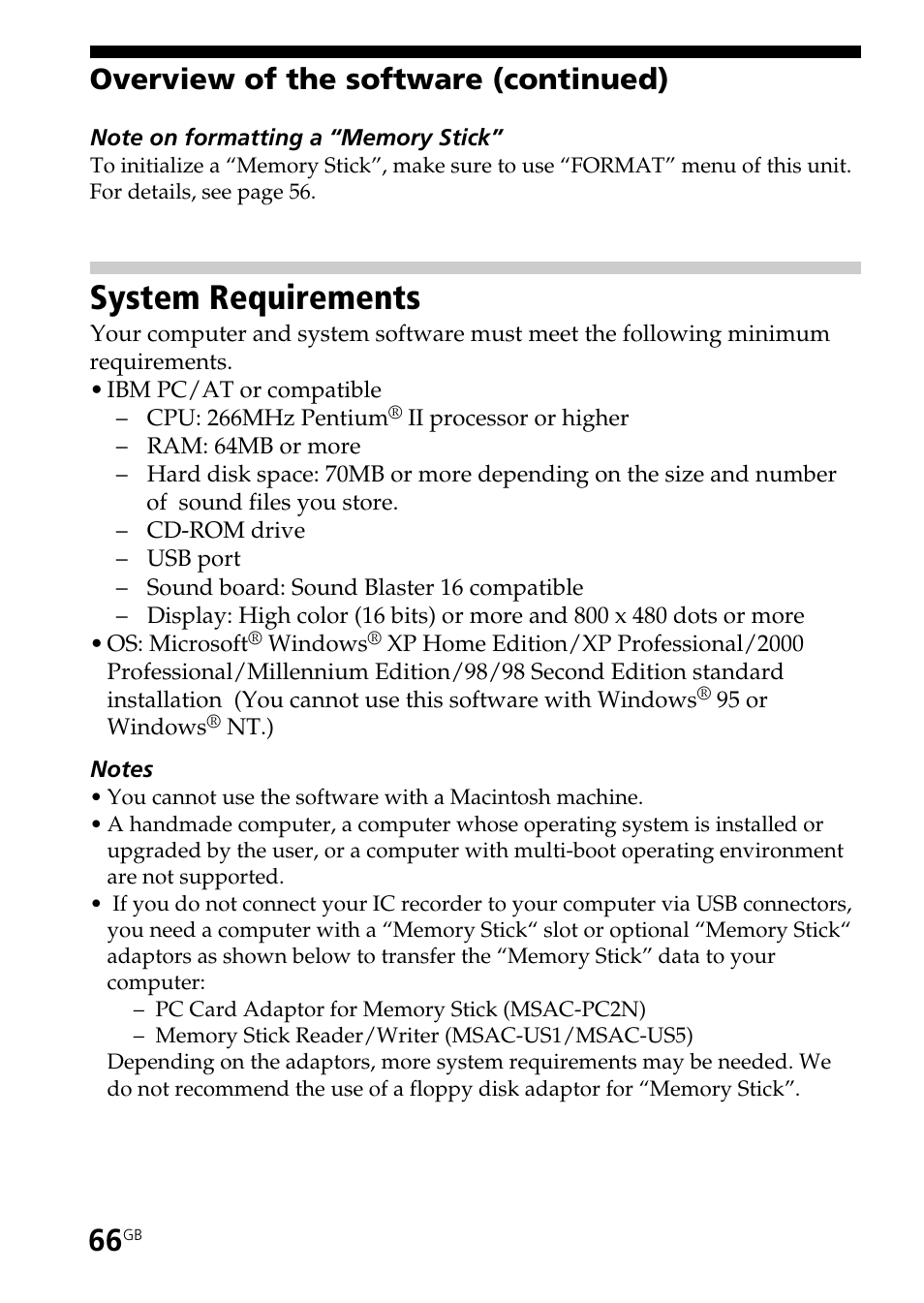 System requirements, Overview of the software (continued) | Sony ICD-MS515VTP User Manual | Page 66 / 96