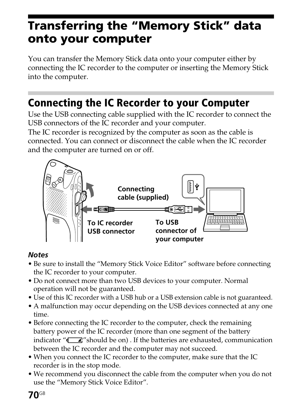 Connecting the ic recorder to your computer | Sony ICD-MS515VTP User Manual | Page 70 / 96