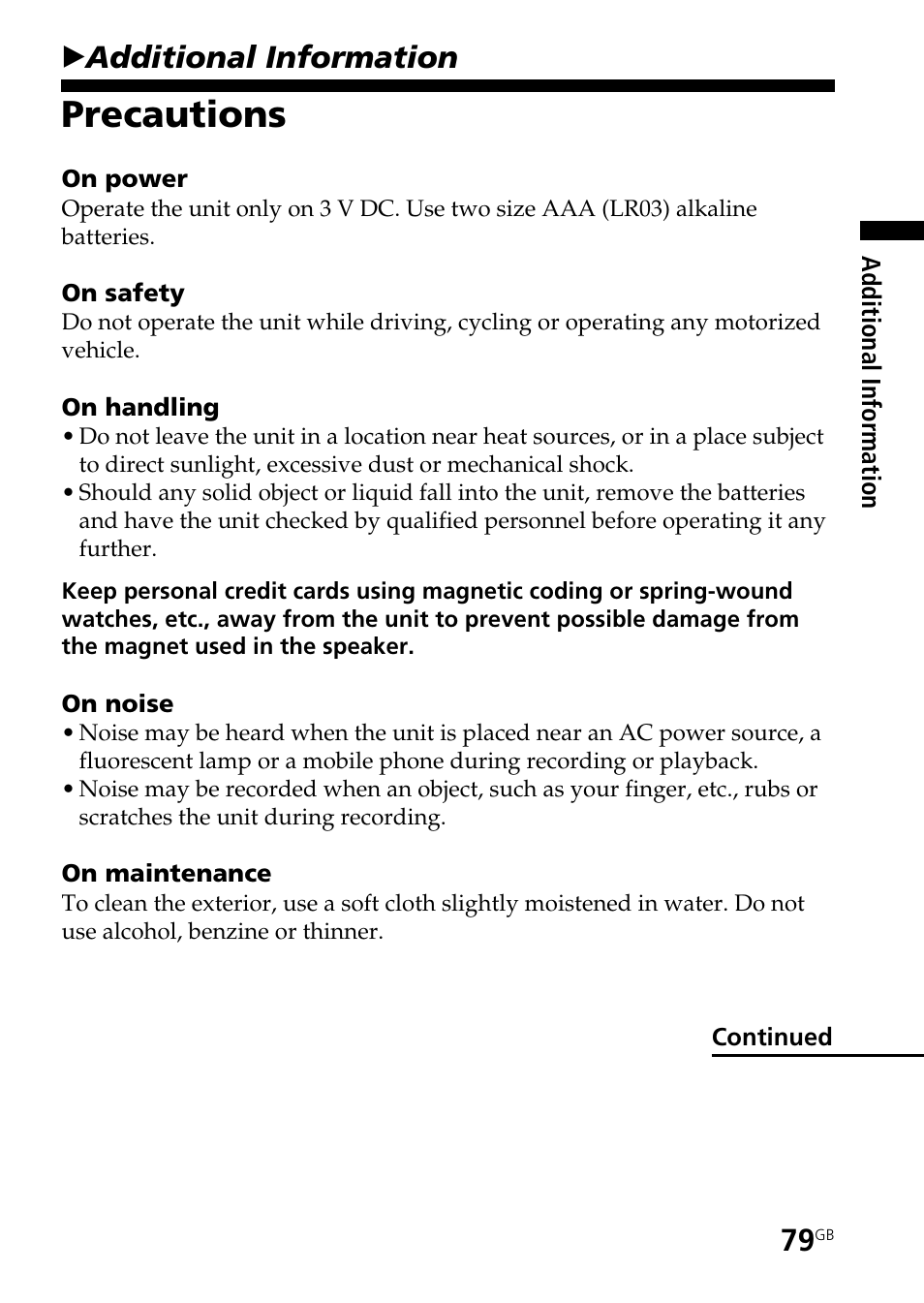 Additional information, Precautions, Badditional information | Sony ICD-MS515VTP User Manual | Page 79 / 96