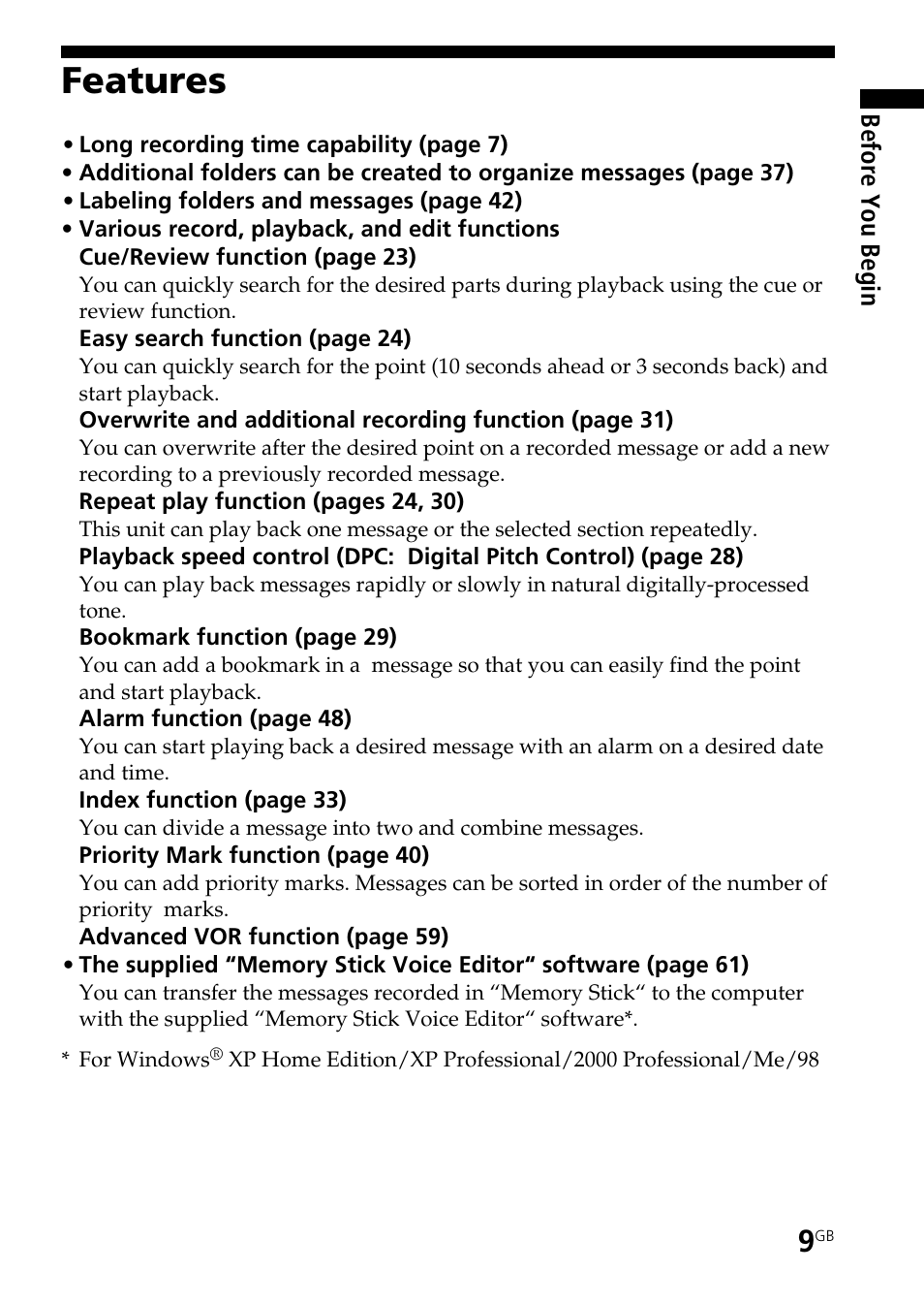 Features | Sony ICD-MS515VTP User Manual | Page 9 / 96