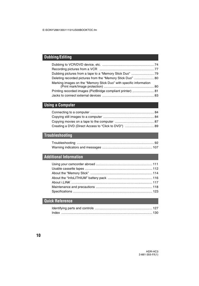 Sony HDR-HC3 User Manual | Page 10 / 135