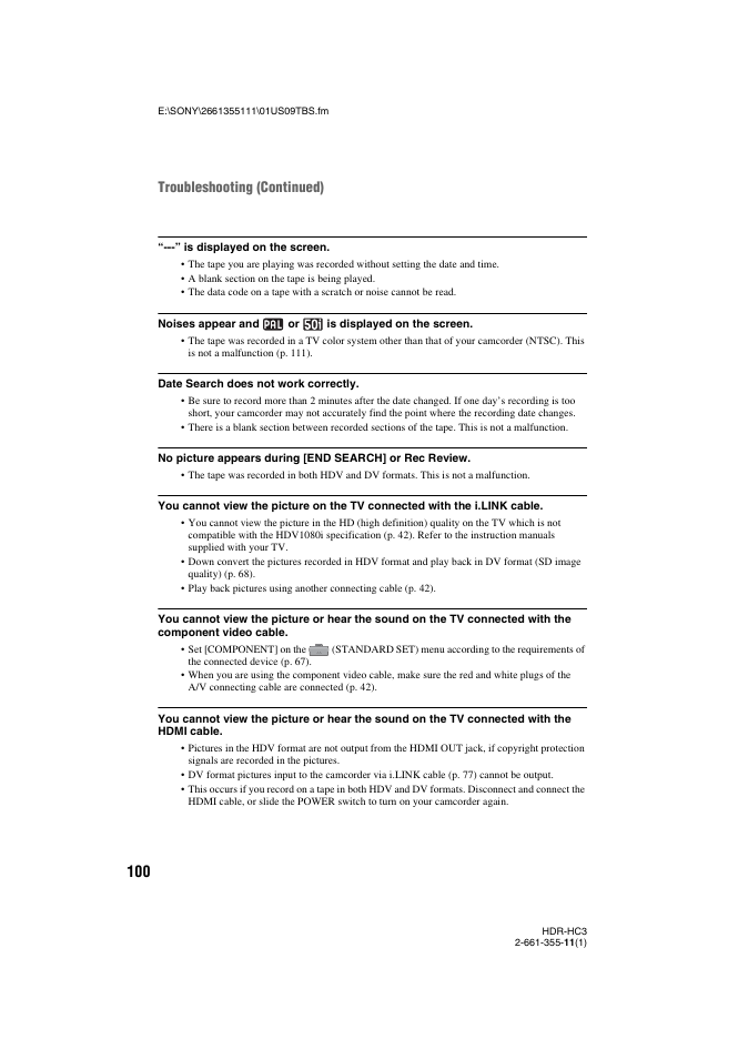 Troubleshooting (continued) | Sony HDR-HC3 User Manual | Page 100 / 135