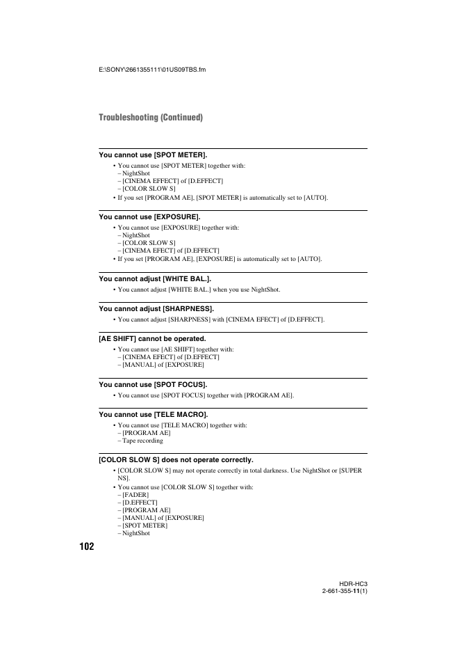 Troubleshooting (continued) | Sony HDR-HC3 User Manual | Page 102 / 135