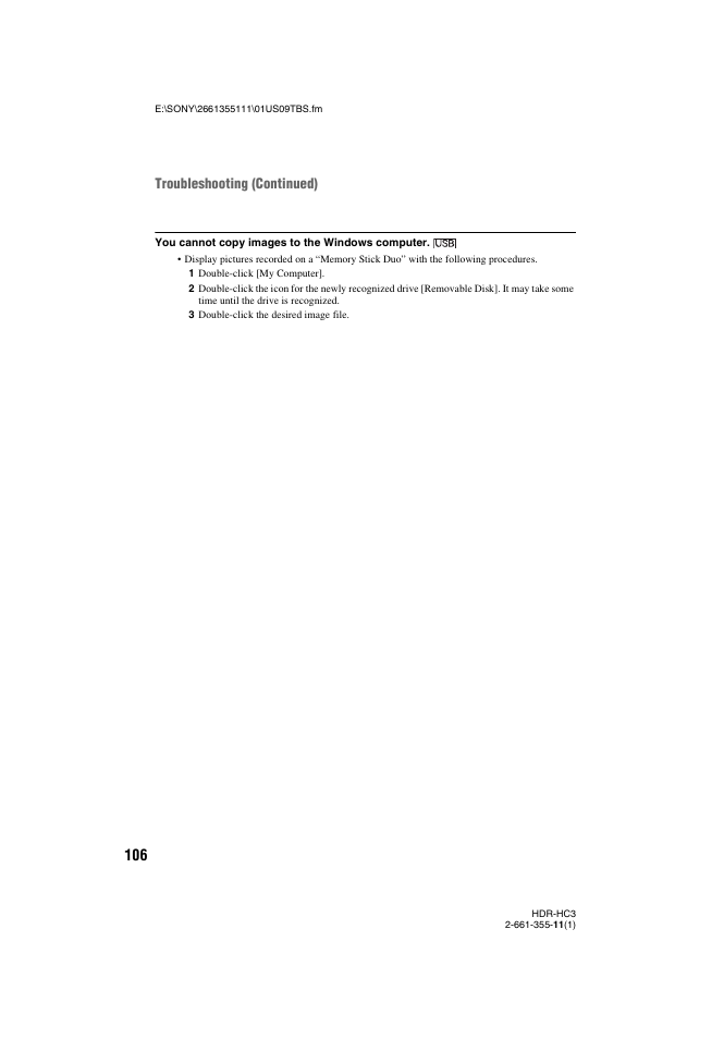 Troubleshooting (continued) | Sony HDR-HC3 User Manual | Page 106 / 135